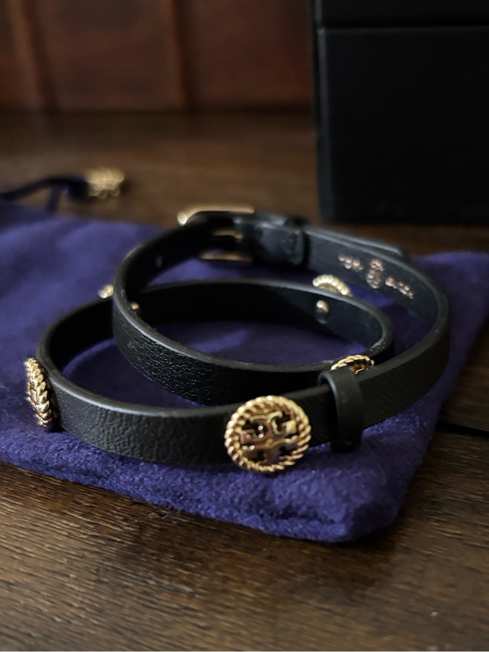 Tory Burch Leather Double Wrap Bracelet with Gold Medallions